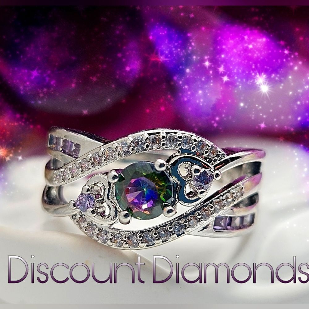 Round Cut  Amethyst & Clear White Baguette Diamond Cocktail Ring